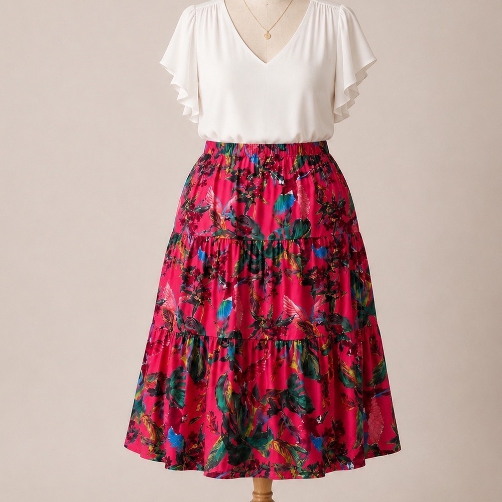 G by Giuliana Pink Tropical Bird Floral Tiered Maxi Skirt 2X New
